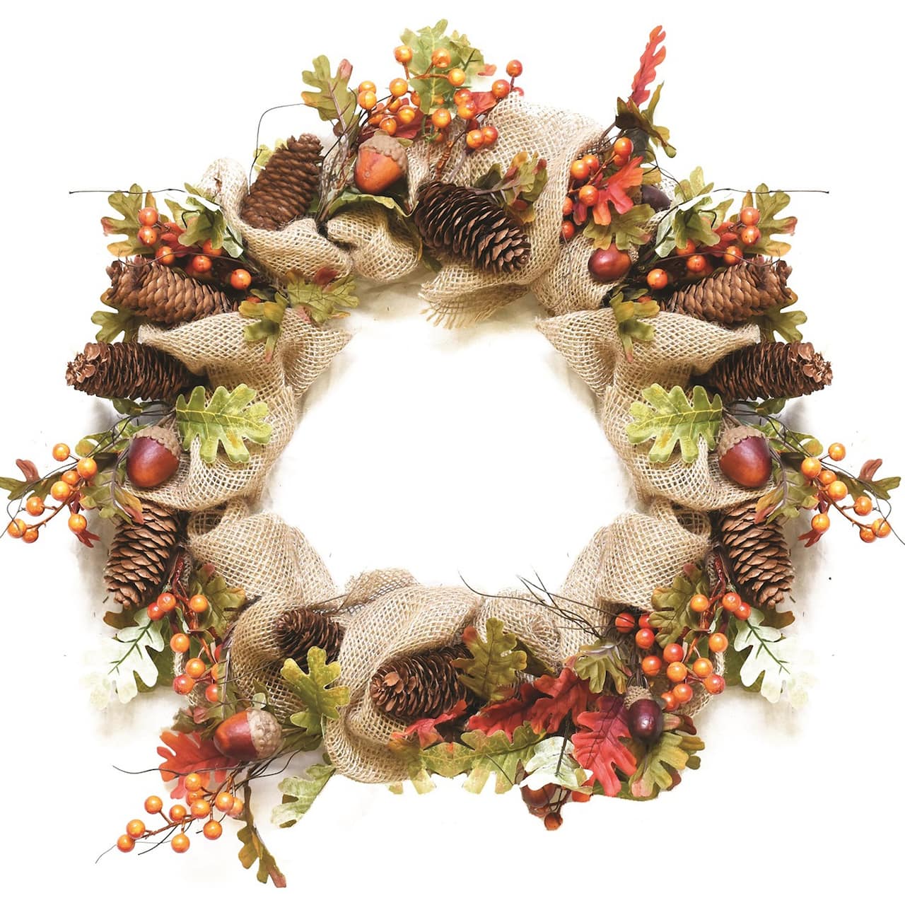 18" Unlit Autumn Harvest Berry, Leaves, Acorns, Pinecones & Burlap Artificial Wreath